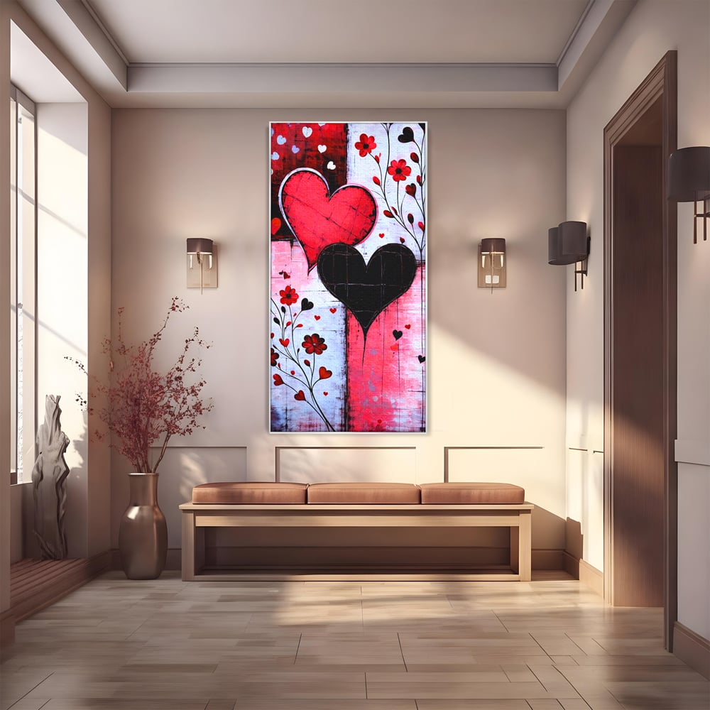 Tablou canvas cu tablou canvas cu inimi si flori, in rama de aluminiu argintiu